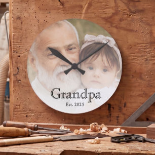 Grandpa Established Photo White Bold Minimal Text Large Clock