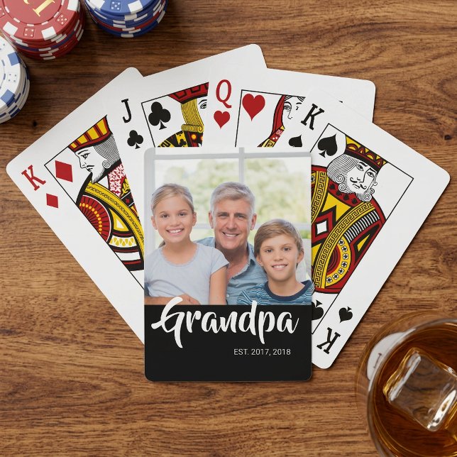 Grandpa Established Script Black Photo Playing Cards (Grandpa Established Script Black Photo Poker Cards)