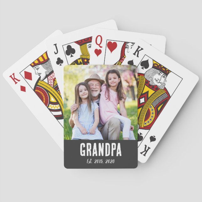 Grandpa Established White grunge Script Photo Playing Cards (Back)