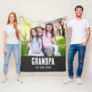 Grandpa Established White Script Photo Fleece Blanket