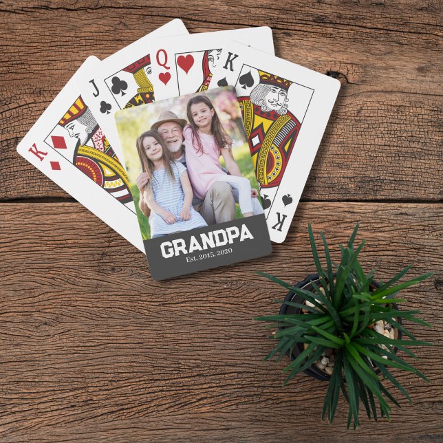 Grandpa Established White Script Photo Playing Cards (Creator Uploaded)