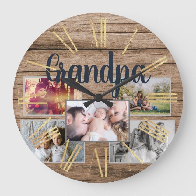 Grandpa Family Photos on Rustic Wood Planks Large Clock (Front)