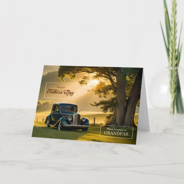 Grandpa Father's Day Classic Car in Summer Meadow Holiday Card (Front)