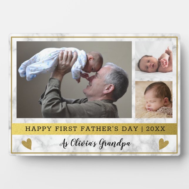Grandpa First Father's Day 3 Photo Marble And Gold Plaque (Front)