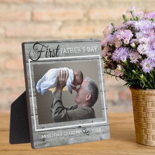 Grandpa First Father's Day Photo Rustic Grey Wood Plaque