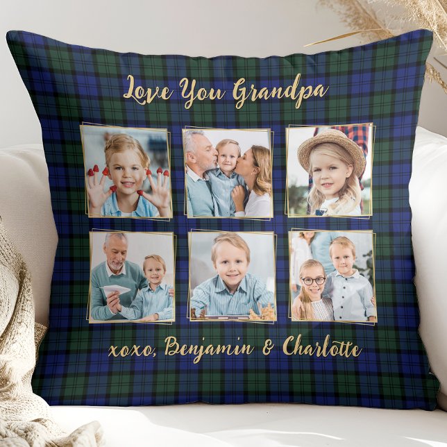 Grandpa Gift Custom Photo Collage Holiday Plaid Cushion (Creator Uploaded)