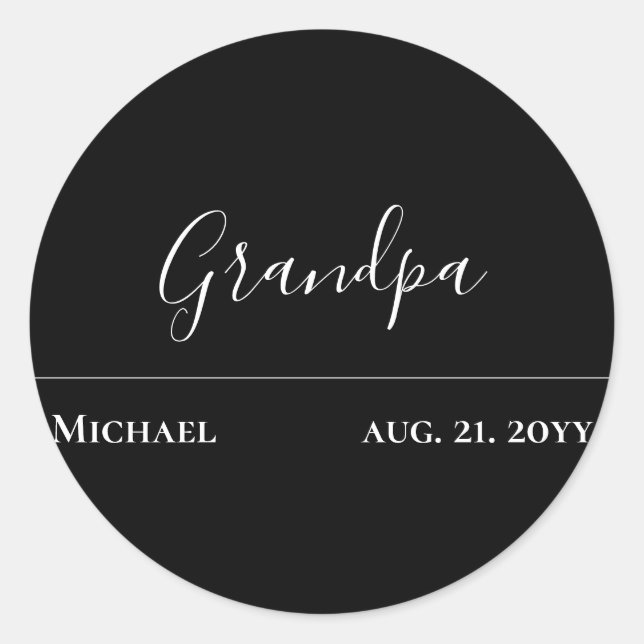 Grandpa Gift- Modern Jet Black Personalised Classic Round Sticker (Front)