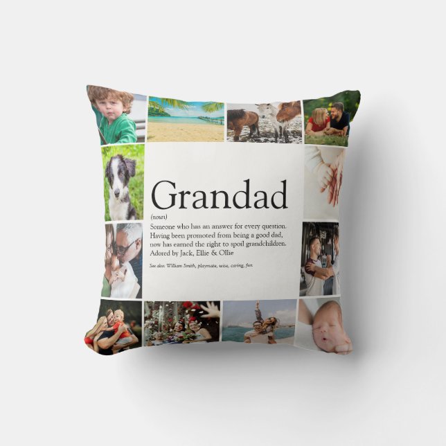 Grandpa, Grandad, Papa Definition 12 Photo Collage Cushion (Front)
