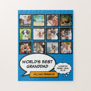Grandpa, Grandfather, Grandad 12 Photo Blue Fun Jigsaw Puzzle