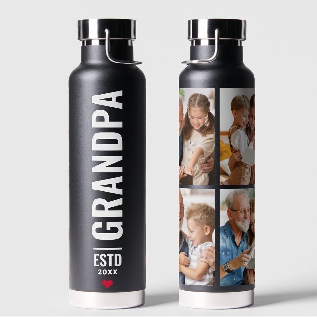 Grandpa | Grandfather Simple 4 Photo Black Water Bottle (Creator Uploaded)