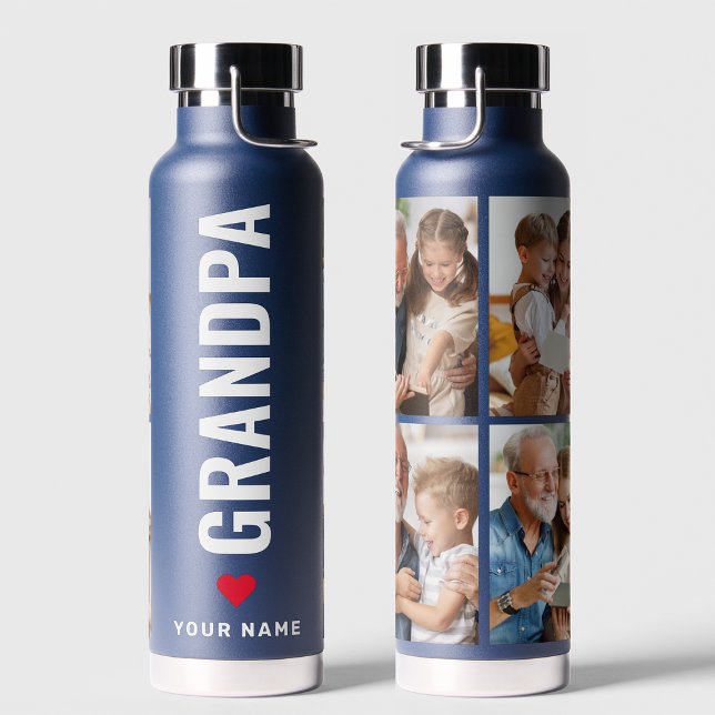 Grandpa | Grandfather Simple 4 Photo Name Navy  Water Bottle (Creator Uploaded)