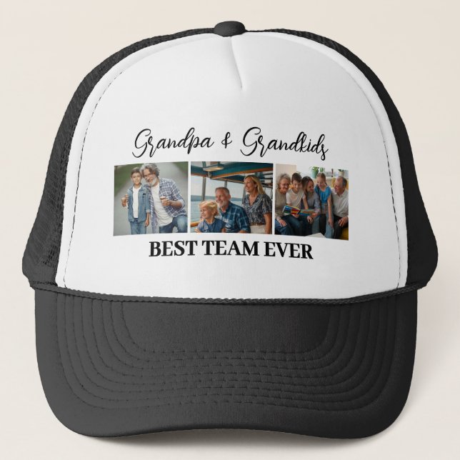 Grandpa & Grandkids Best Team Ever Custom 3 Photos Trucker Hat (Front)
