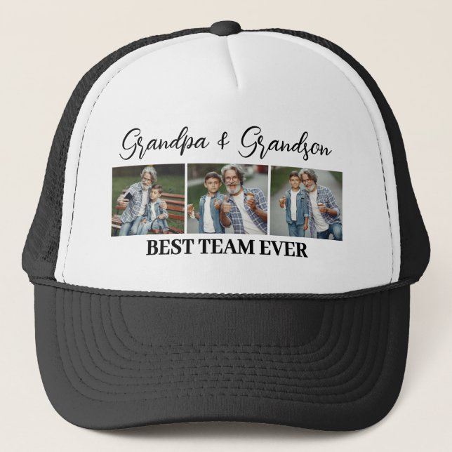Grandpa & Grandson Best Team Ever Custom 3 Photos Trucker Hat (Front)