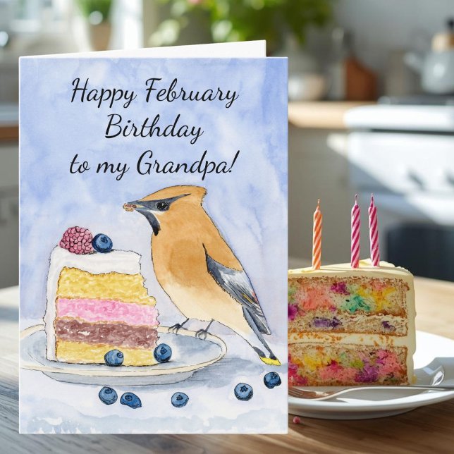 Grandpa Happy February Birthday Cedar Waxwing Cake Card (Creator Uploaded)