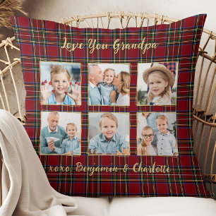 Grandpa Holiday Plaid Custom 6 Photo Collage Cushion