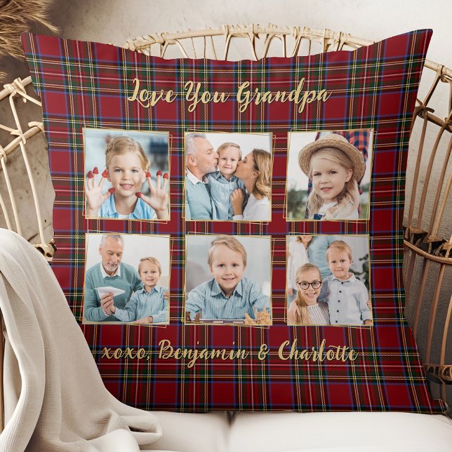 Grandpa Holiday Plaid Custom 6 Photo Collage Cushion (Creator Uploaded)