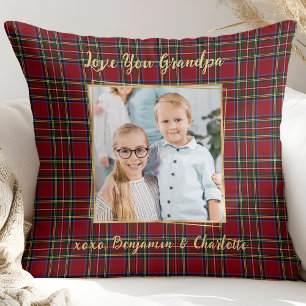 Grandpa Holiday Plaid Personalised Photo Christmas Cushion