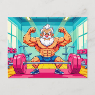 Grandpa lifting weights making sports holiday postcard