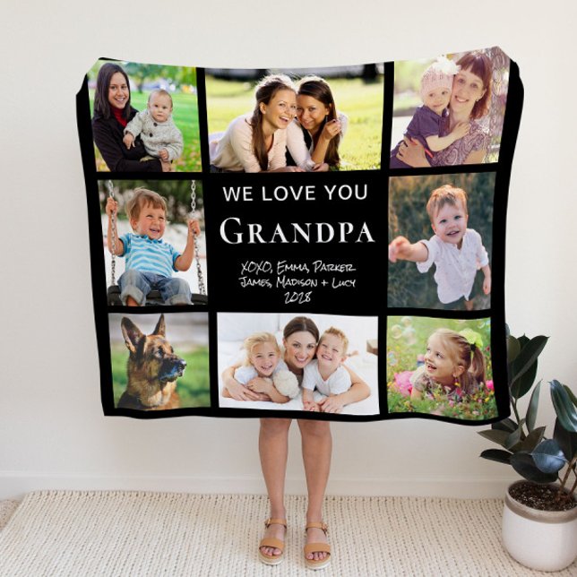 Grandpa Love You Photo Collage Black Fleece Blanket (Creator Uploaded)