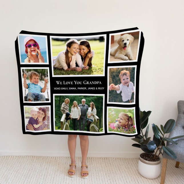 Grandpa Love You Photo Collage Personalised Black Fleece Blanket (Creator Uploaded)