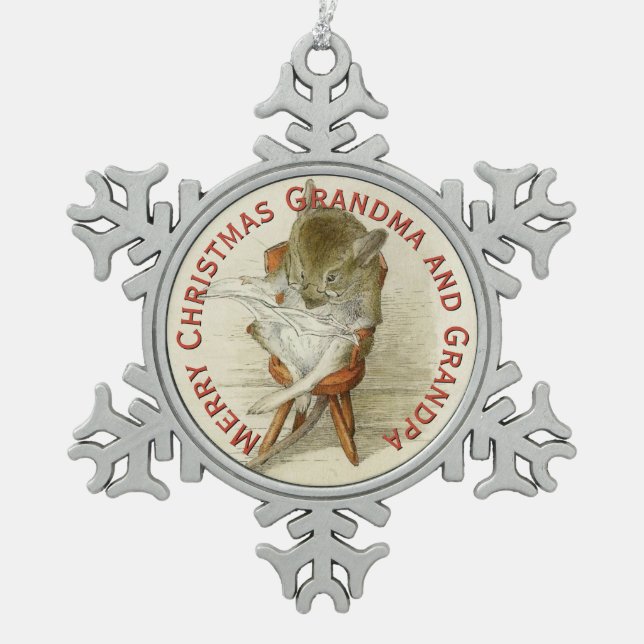 Grandpa Mouse Reading a Newspaper Snowflake Pewter Christmas Ornament (Front)