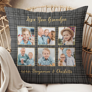 Grandpa Plaid Custom Grey Gold Photo Collage Cushion