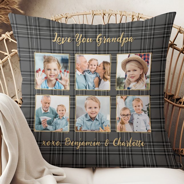 Grandpa Plaid Custom Grey Gold Photo Collage Cushion (Creator Uploaded)