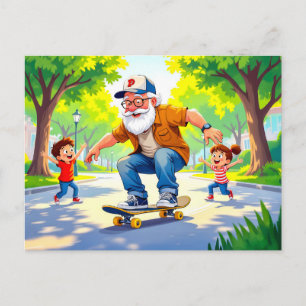 Grandpa practicing skateboarding with grandson wat holiday postcard