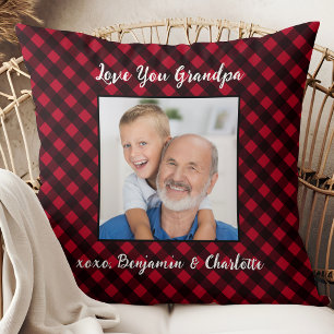 Grandpa Red Buffalo Plaid Custom Photo Christmas Cushion