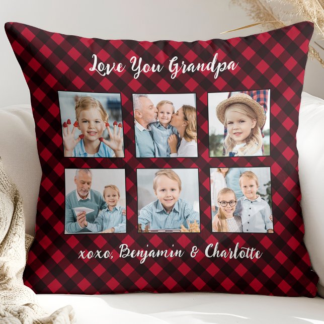 Grandpa Red Buffalo Plaid Photo Collage Christmas  Cushion (Creator Uploaded)