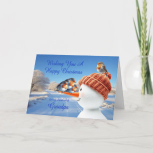 Grandpa Robins and Snowman Christmas Holiday Card