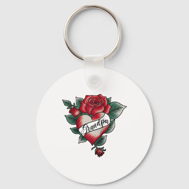 Grandpa Rose Heart Tattoo Valentines Day Matching  Key Ring (Front)