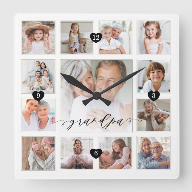 Grandpa Script Family Memory Photo Grid Collage Square Wall Clock (Front)