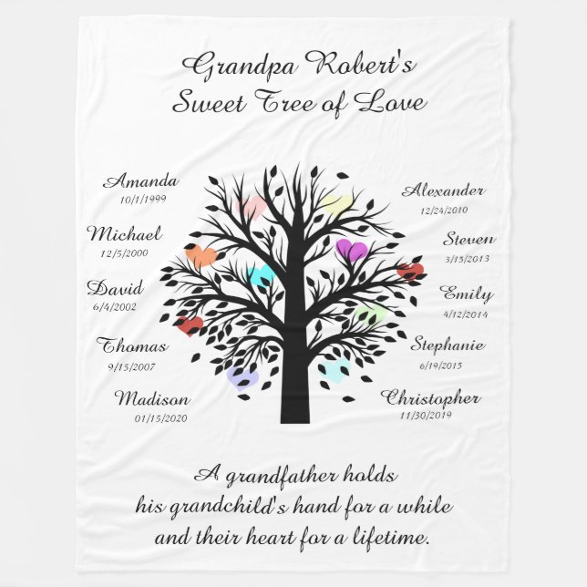 Grandpa Tree (hearts) Black/White 10 Names & Dates Fleece Blanket (Front)