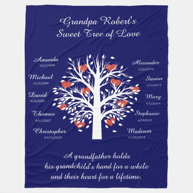 Grandpa Tree (hearts), White/Blue 10 Names & Dates Fleece Blanket (Front)