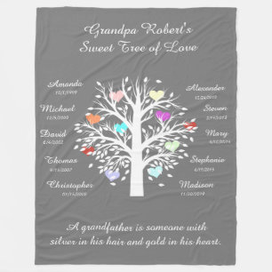 Grandpa Tree (hearts), White/Gray 10 Names & Dates Fleece Blanket