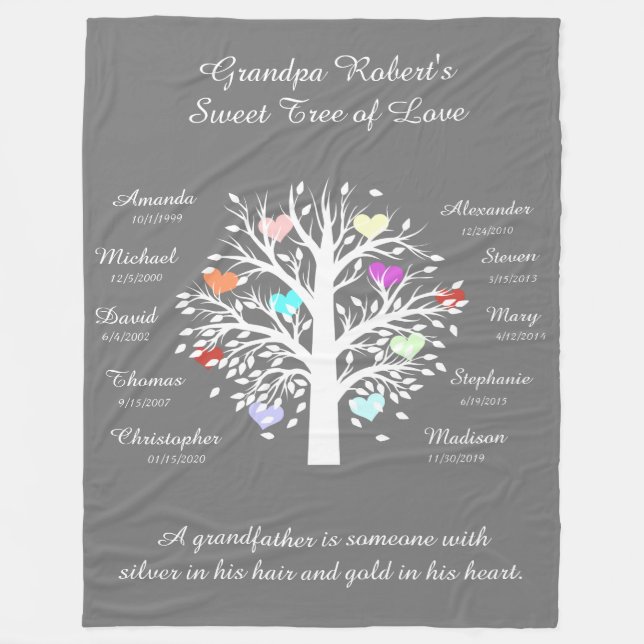 Grandpa Tree (hearts), White/Gray 10 Names & Dates Fleece Blanket (Front)