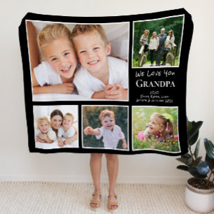 Grandpa We Love You Photo Collage Black Fleece Blanket