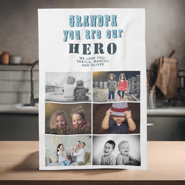 Grandpa you are our Hero 6 Photo Collage Tea Towel (Creator Uploaded)