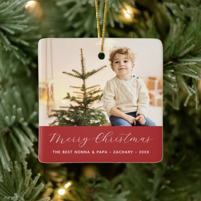 Grandparent Calligraphy Merry Christmas Photo Ceramic Ornament (Tree)