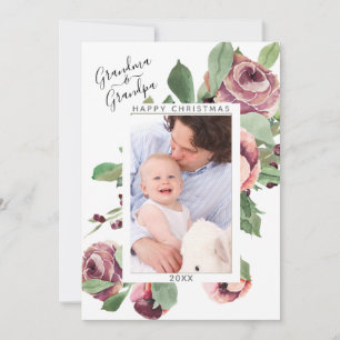 Grandparent Christmas Photo Floral Wreath Holiday Card