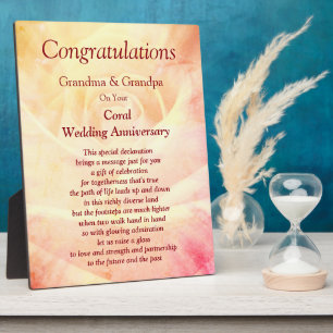 Grandparent Coral Wedding Anniversary  Plaque