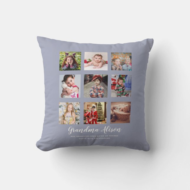 GRANDPARENT PHOTO COLLAGE GIFTS - Dusty Blue Cushion (Front)
