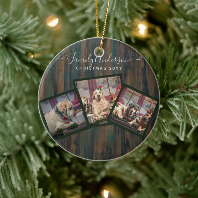 GRANDPARENT PHOTO COLLAGE GIFTS - Rustic Wood Ceramic Ornament (Tree)