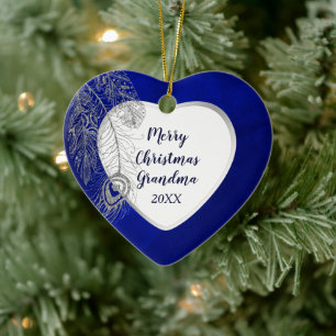 Grandparent Silver Feather Blue Heart Christmas Ceramic Ornament