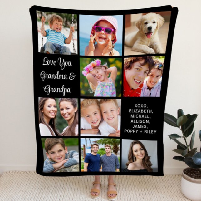 Grandparents 10 Photo Collage Black Fleece Blanket (Creator Uploaded)
