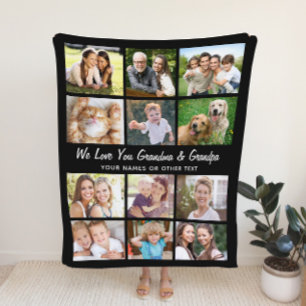 Grandparents 12 Photo Collage Black Fleece Blanket