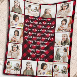 Grandparents 14 Photo Red Buffalo Plaid Christmas Fleece Blanket