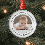 Grandparents 1st Christmas Baby Photo Black White Metal Ornament<br><div class="desc">Celebrate the precious gift of your newest family member with a stylish "Our First Christmas as Grandparents" round metal photo ornament. Gender neutral design is suitable for a new baby boy or girl grandchild. Picture and all text on this template are simple to personalise. (IMAGE PLACEMENT TIP: An easy way...</div>