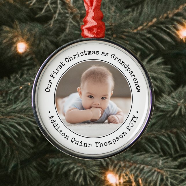 Grandparents 1st Christmas Baby Photo Black White Metal Ornament (Creator Uploaded)